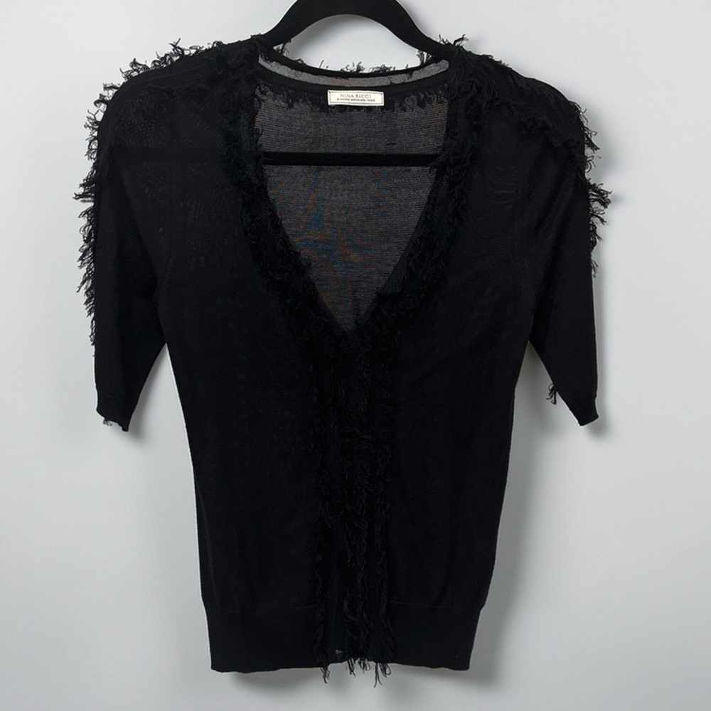 Nina Ricci Black silk & wool blend short sleeve sweater w/ Fringe detail Sz M